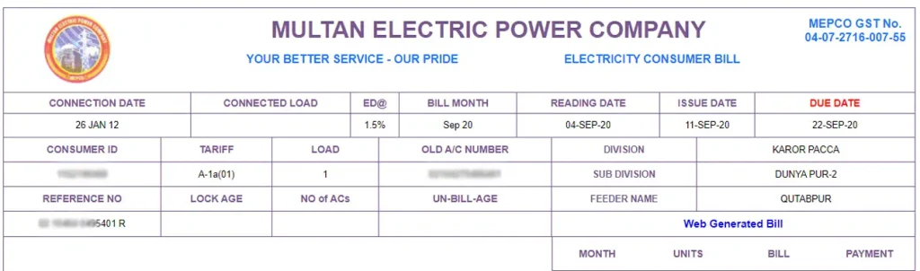 MEPCO bill online check example with reference number, units, and payment details Pakistan